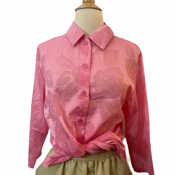 Vintage Tops - 1980’s Vintage Pink Semi Sheer Floral Button Down Blouse, Small Size
